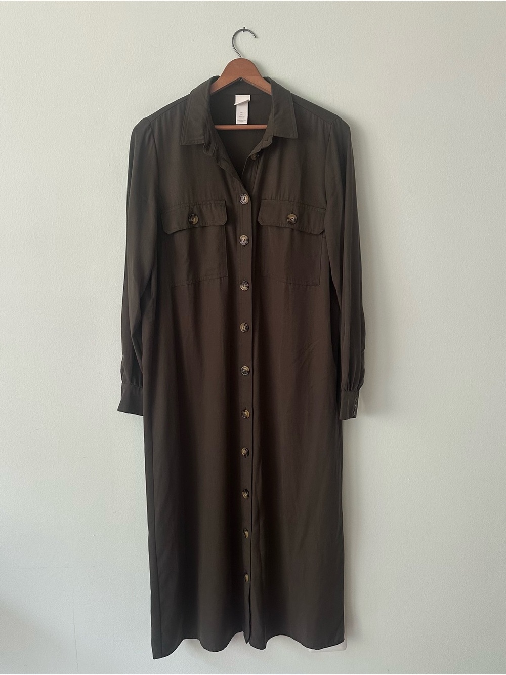 H&M Midi Army Green Long Sleeve Button Up Dress